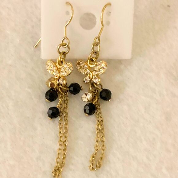 Unbranded Jewelry - Gold Tone Dangle Earrings with Black Beads and Rhinestone Butterfly